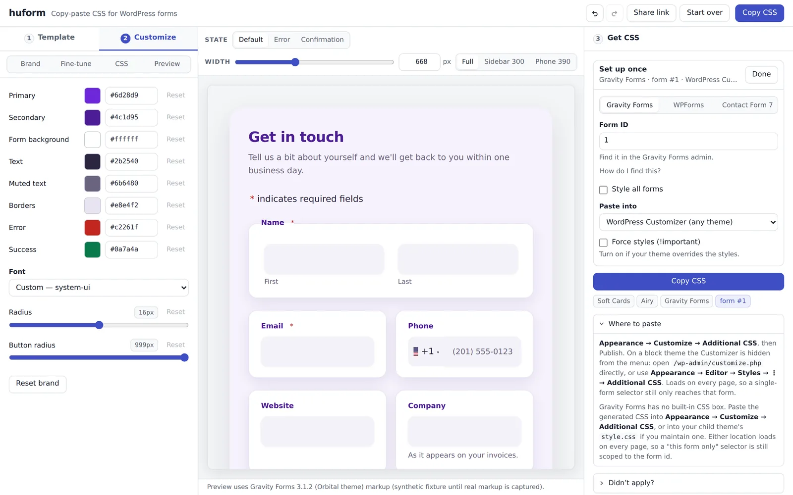The huform app: template gallery on the left, a live preview of a contact form in the middle, the CSS to copy on the right